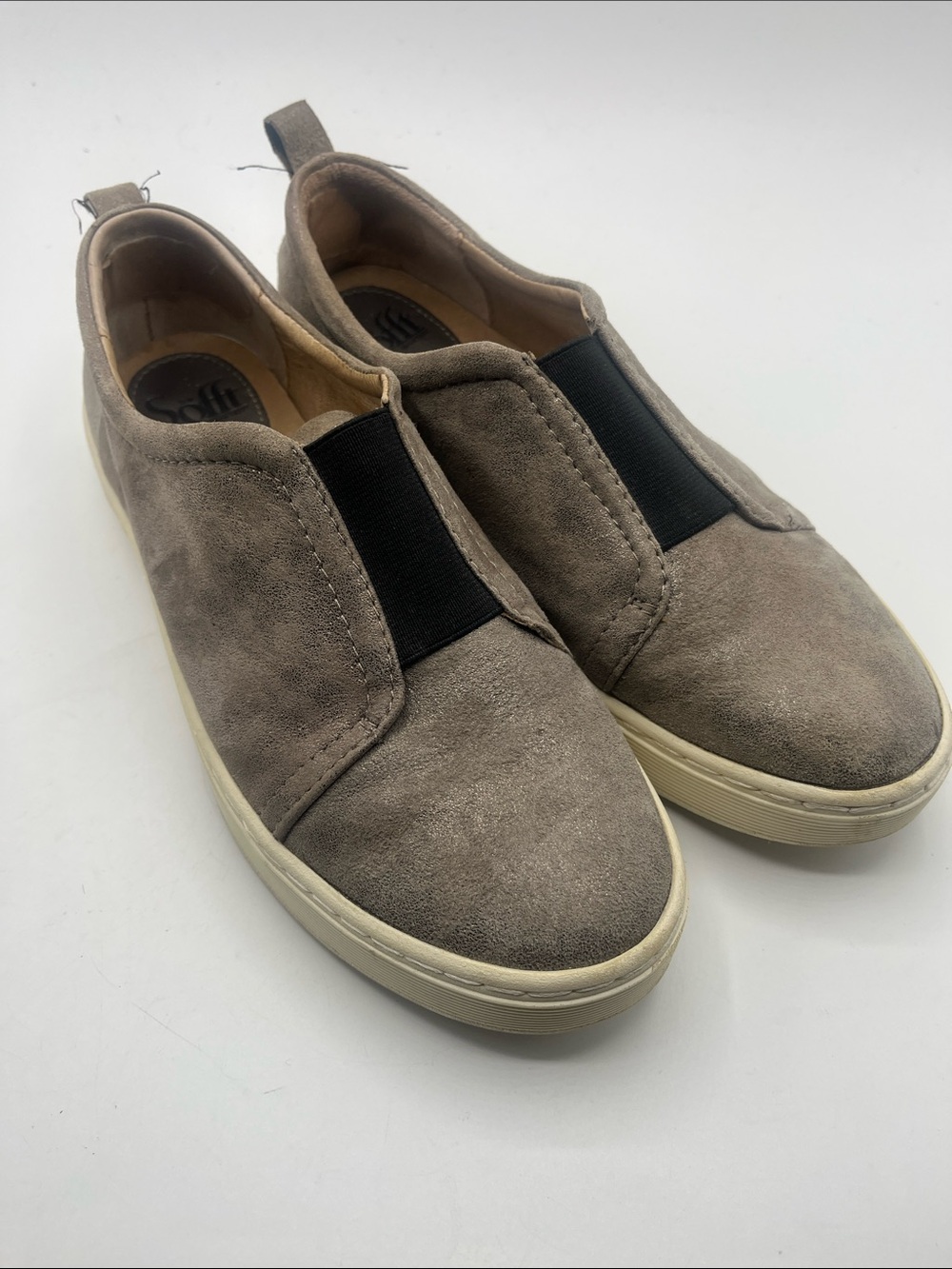 Sofft Taupe Suede Slip-On Sneakers with Black Elastic